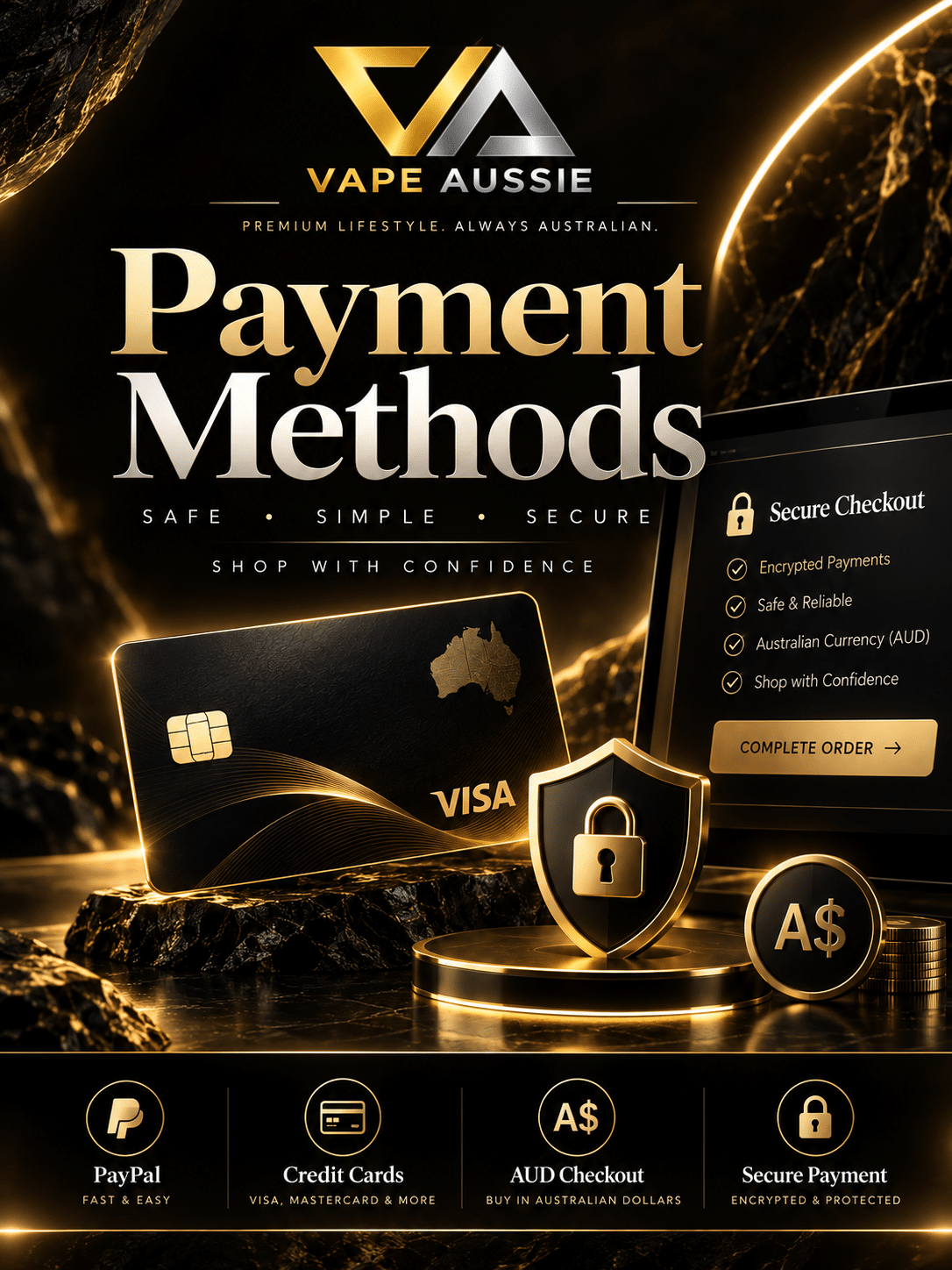 Vape Aussie Payment Methods with PayPal credit cards and AUD checkout
