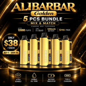 ALIBARBAR Golden 12000 Puffs 5 Pack bundle with five gold devices